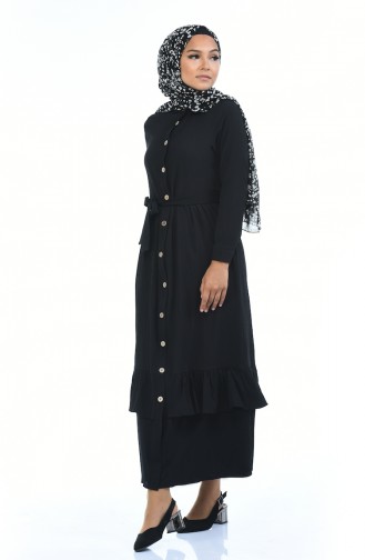 Boydan Düğmeli Büzgülü Elbise 5790-07 Siyah