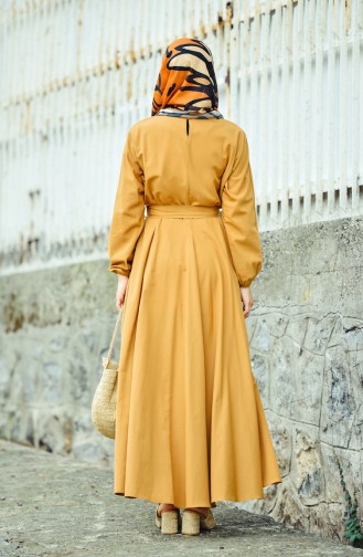 Kuşaklı Kloş Elbise 12011-08 Hardal
