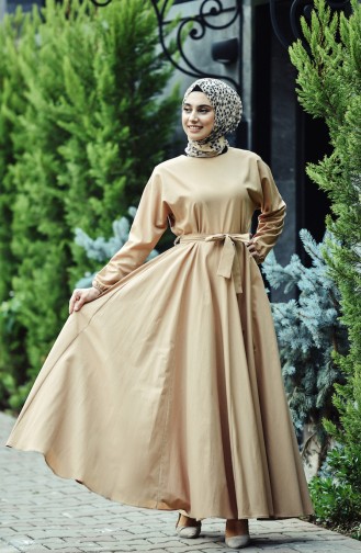 Belted Flared Dress 12011-05 Dark Beige 12011-05