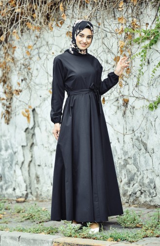Kuşaklı Kloş Elbise 12011-06 Siyah