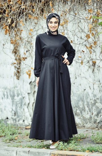 Kuşaklı Kloş Elbise 12011-06 Siyah