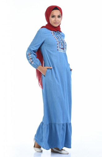 Jeansblau Hijab Kleider 4069-02