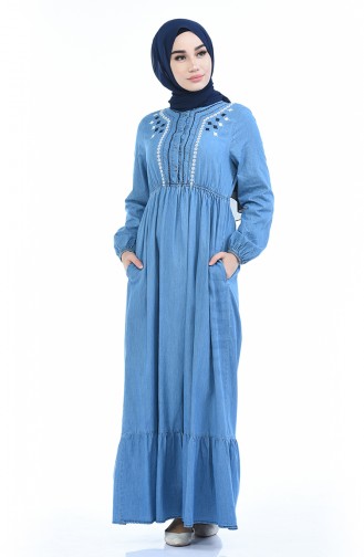 Nakışlı Büzgülü Elbise 4074-01 Kot Mavi