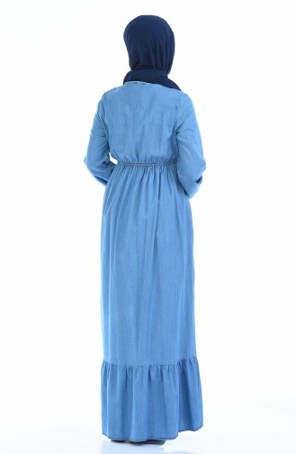 Nakışlı Büzgülü Elbise 4074-01 Kot Mavi