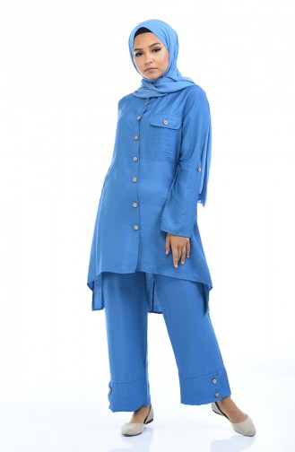 Buttoned Asymmetric Tunic Trousers Double Suit 5810-02 İndigo 5810-02