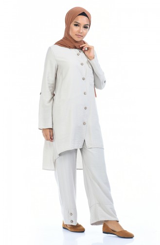 Buttoned Asymmetric Tunic Trousers Double Suit 5810-05 Stone 5810-05