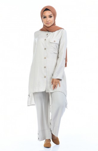 Buttoned Asymmetric Tunic Trousers Double Suit 5810-05 Stone 5810-05