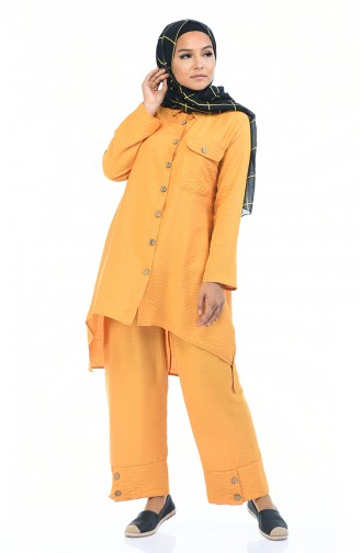 Buttoned Asymmetric Tunic Trousers Double Suit 5810-06 Mustard 5810-06