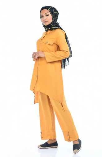 Buttoned Asymmetric Tunic Trousers Double Suit 5810-06 Mustard 5810-06