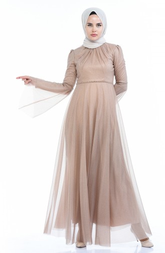 Dark Beige Hijab Evening Dress 9012-05