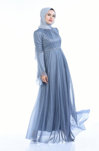 Gray Hijab Evening Dress 9012-01