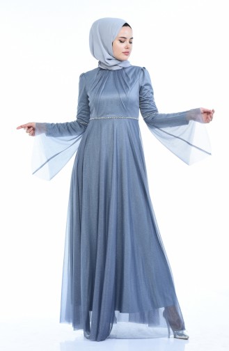 Gray Hijab Evening Dress 9012-01