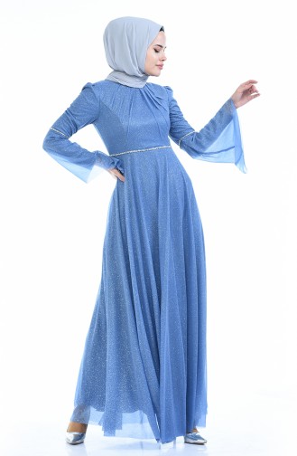 Blue Hijab Evening Dress 9012-03