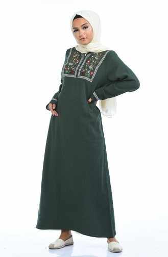 Nakışlı Şile Bezi Elbise 6000-03 Haki Yeşil