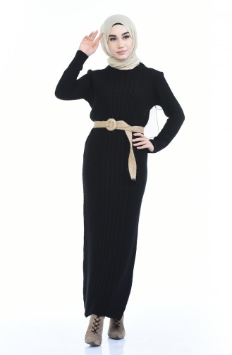 Triko Örgü Desen Elbise 4786-02 Siyah