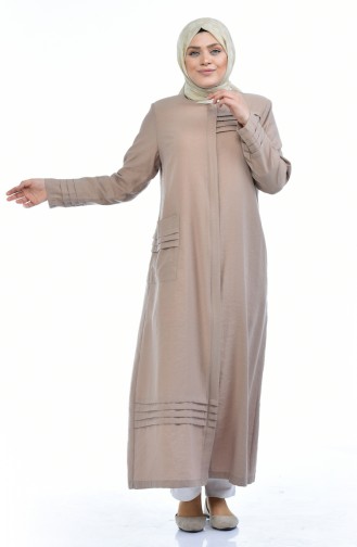 Abaya en Lin avec Poches Grande Taille 0375-03 Beige 0375-03