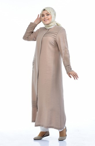 Abaya en Lin avec Poches Grande Taille 0375-03 Beige 0375-03