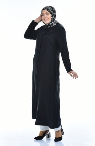 Abaya en Lin avec Poches Grande Taille 0375-04 Noir 0375-04