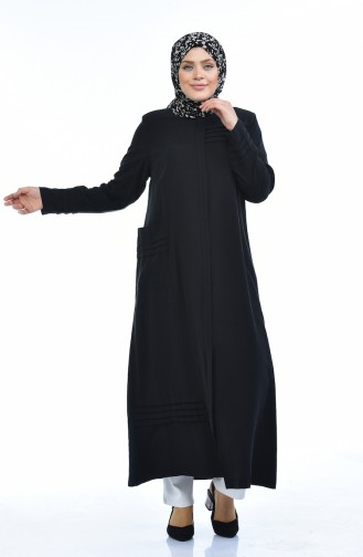 Abaya en Lin avec Poches Grande Taille 0375-04 Noir 0375-04