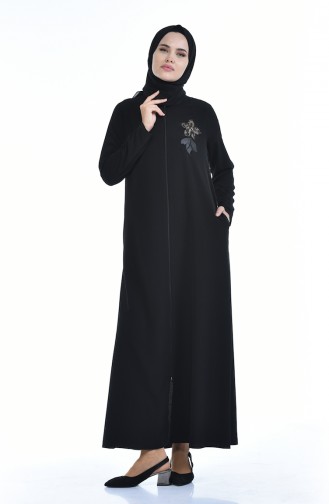 Blumenapplikation Abaya mit Reissverschluss  0085-01 Schwarz 0085-01