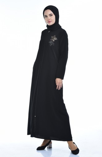 Blumenapplikation Abaya mit Reissverschluss  0085-01 Schwarz 0085-01