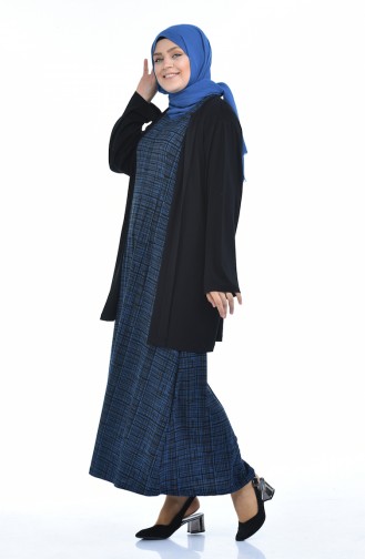 Ensemble Deux Pieces Gilet Robe Grande Taille 8372F-02 Noir Bleu Marine 8372F-02