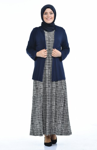 Grosse Grösse Strickjacke Kleid Doppel Set 8372F-04 Dunkelblau Weiss 8372F-04