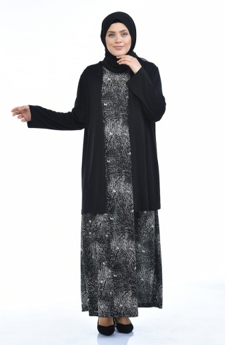 Ensemble Deux Pieces Gilet Robe Grande Taille 8372H-01 Noir 8372H-01