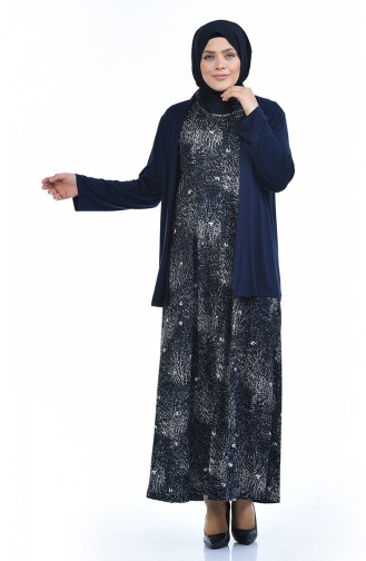 Ensemble Deux Pieces Gilet Robe Grande Taille 8372H-02 Bleu Marine 8372H-02