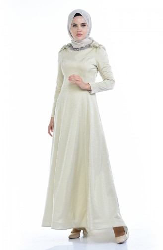 Beige Hijab Evening Dress 7054-02