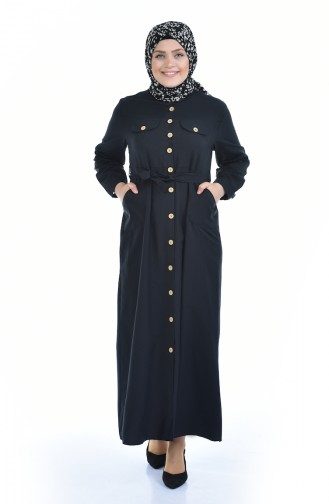 Büyük Beden Düğmeli Kuşaklı Elbise 0047-02 Siyah