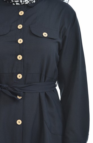 Büyük Beden Düğmeli Kuşaklı Elbise 0047-02 Siyah