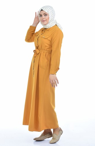 Büyük Beden Düğmeli Kuşaklı Elbise 0047-03 Hardal