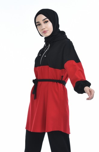 Tunique a Fermeture et Ceinture 70002-02 Noir Rouge 70002-02