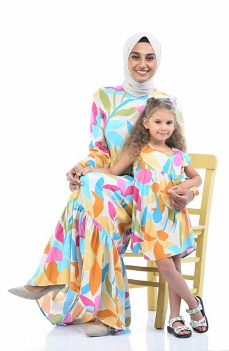 Combinaison Maman Fille Robe Viscose a Motifs 1023-01 Beige Moutarde 1023-01