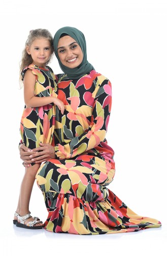 Combinaison Maman Fille Robe Viscose a Motifs 1025-01 Noir Vert 1025-01