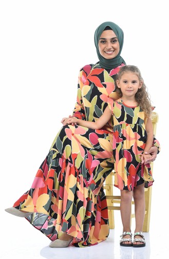 Combinaison Maman Fille Robe Viscose a Motifs 1025-01 Noir Vert 1025-01