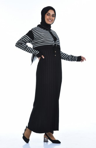 Triko Çizgili Elbise 8028-01 Siyah
