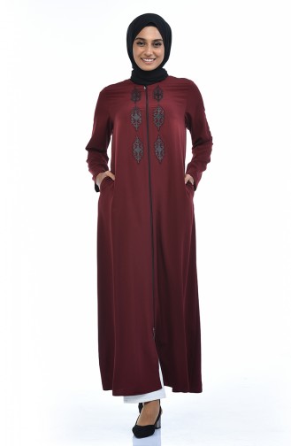 Taşlı Fermuarlı Ferace 0084-05 Koyu Bordo