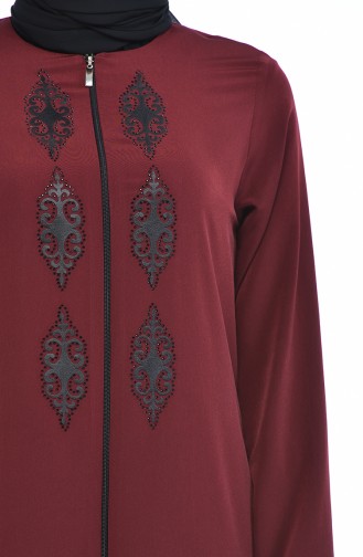 Taşlı Fermuarlı Ferace 0084-05 Koyu Bordo