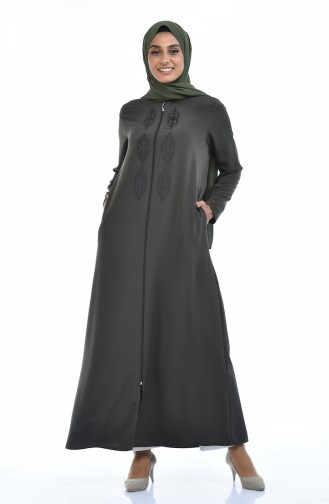 Steiniges Abaya mit Reissverschluss 0084-06 Khaki Grün 0084-06