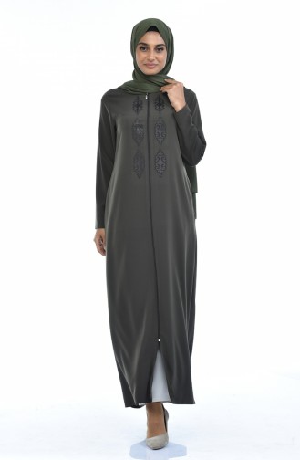 Steiniges Abaya mit Reissverschluss 0084-06 Khaki Grün 0084-06