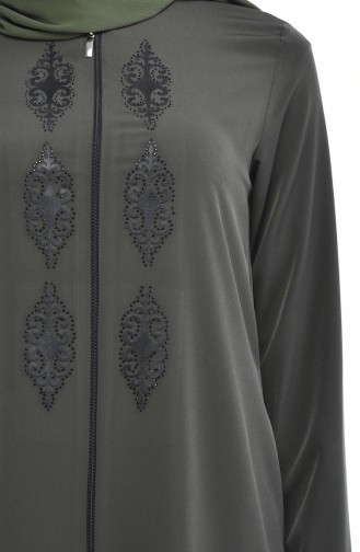 Steiniges Abaya mit Reissverschluss 0084-06 Khaki Grün 0084-06