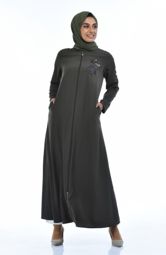 Blumenapplikation Abaya mit Reissverschluss 0085-03 Khaki 0085-03