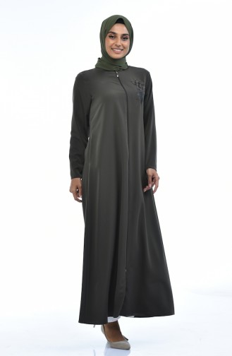 Blumenapplikation Abaya mit Reissverschluss 0085-03 Khaki 0085-03