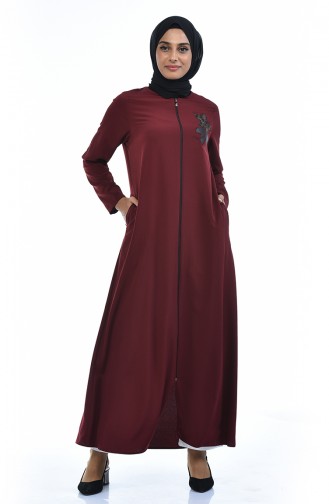 Blumenapplikation Abaya mit Reissverschluss 0085-04 Dunkel Weinrot 0085-04