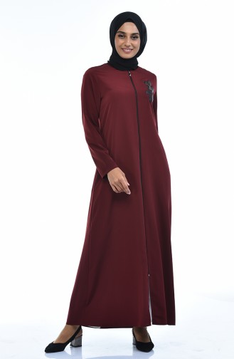 Blumenapplikation Abaya mit Reissverschluss 0085-04 Dunkel Weinrot 0085-04