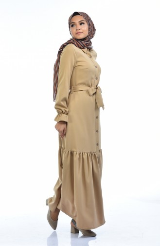 Boydan Düğmeli Büzgülü Elbise 5034-03 Bej