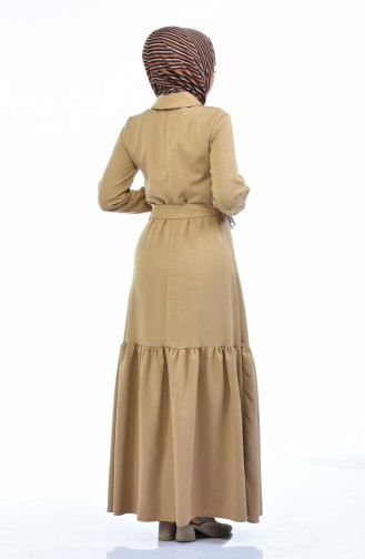 Boydan Düğmeli Büzgülü Elbise 5034-03 Bej
