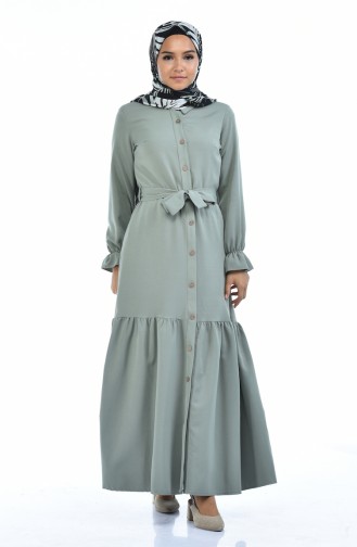 Boydan Düğmeli Büzgülü Elbise 5034-05 Açık Haki Yeşil